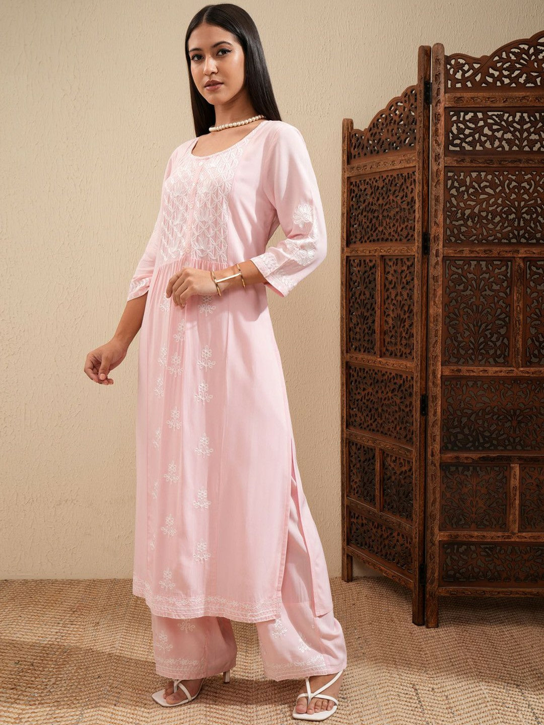 Pink & White Embroidered Kurta Set for Women – Ethnic Thread Work Kurta with Palazzos | Indiaista