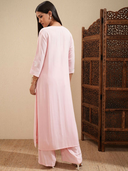 Pink & White Embroidered Kurta Set for Women – Ethnic Thread Work Kurta with Palazzos | Indiaista