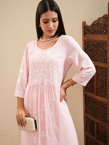 Pink & White Embroidered Kurta Set for Women – Ethnic Thread Work Kurta with Palazzos | Indiaista