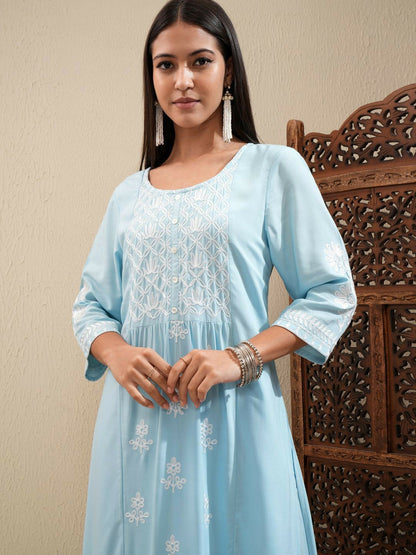 Blue Floral Embroidered Kurta Set for Women – Round Neck, Thread Work, with Palazzo | Indiaista