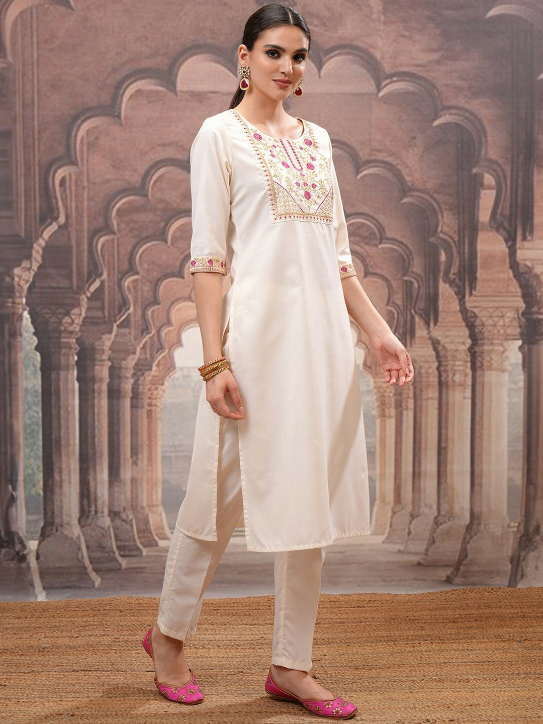 Cream Embroidered Kurta Set for Women – Ethnic Motifs, Straight Fit with Trouser & Dupatta | Indiaista