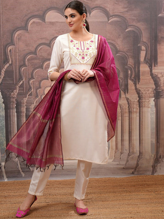 Cream Embroidered Kurta Set for Women – Ethnic Motifs, Straight Fit with Trouser & Dupatta | Indiaista