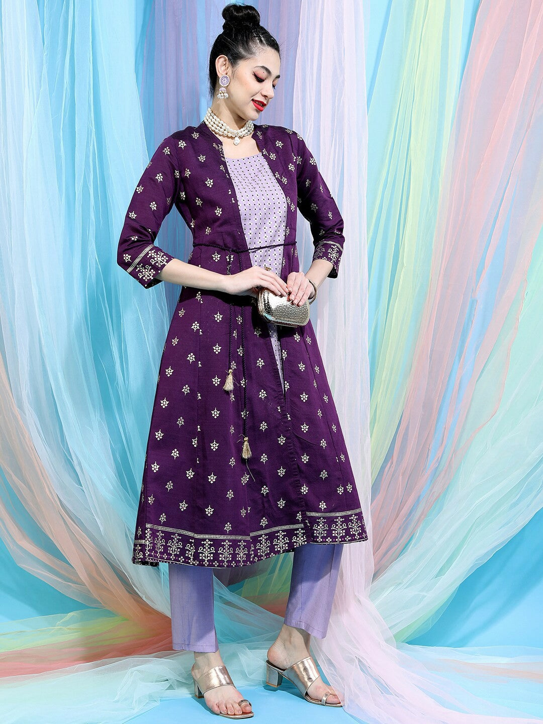 Women’s Ethnic Motif Printed Kurta Set with Trousers & Jacket – Elegant Festive Wear | Indiaista