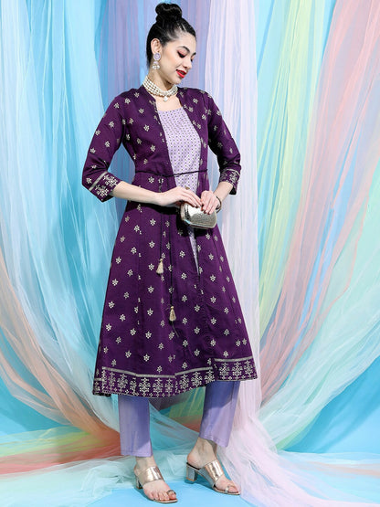 Women’s Ethnic Motif Printed Kurta Set with Trousers & Jacket – Elegant Festive Wear | Indiaista