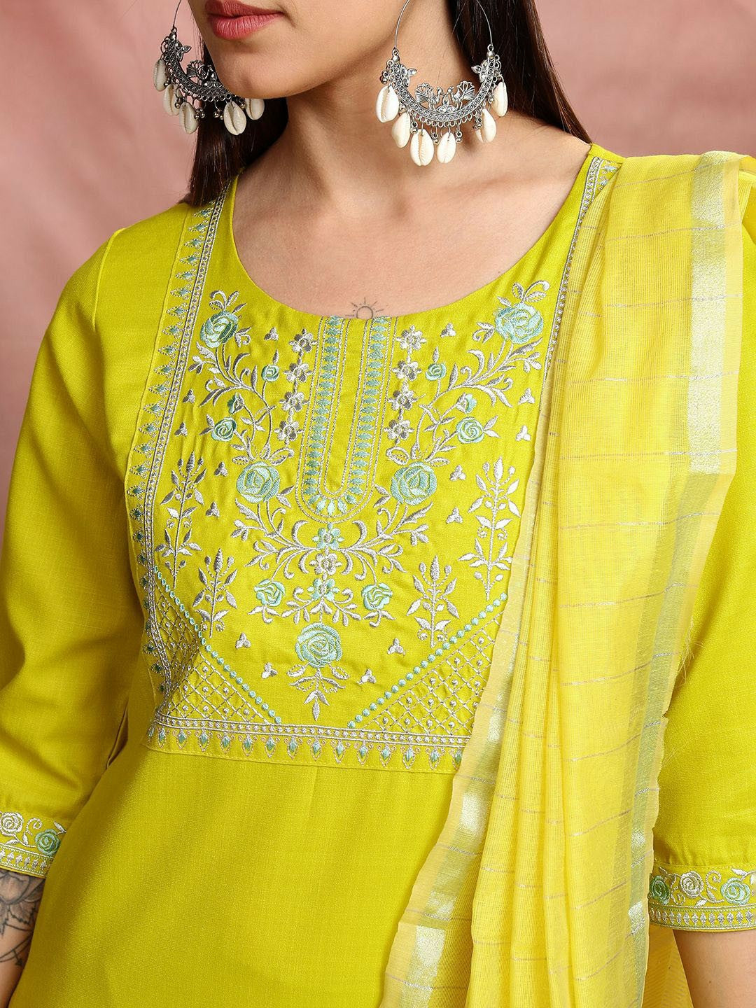 Lime Green Floral Yoke Design Kurta Set for Women – Thread Work Kurta with Trousers & Printed Dupatta | Indiaista