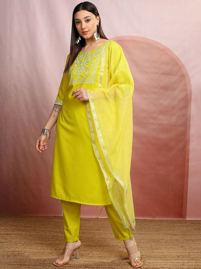 Lime Green Floral Yoke Design Kurta Set for Women – Thread Work Kurta with Trousers & Printed Dupatta | Indiaista