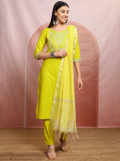 Lime Green Floral Yoke Design Kurta Set for Women – Thread Work Kurta with Trousers & Printed Dupatta | Indiaista