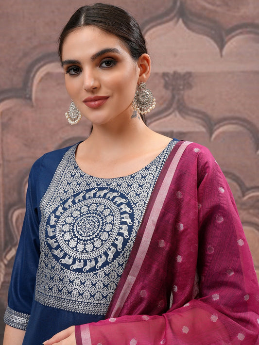 Teal Ethnic Motifs Kurta Set for Women – Straight Kurta with Palazzo & Dupatta | Indiaista