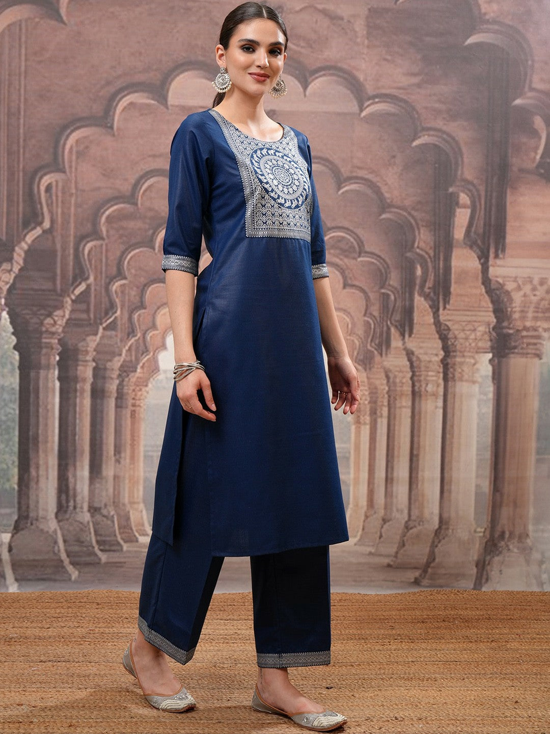 Teal Ethnic Motifs Kurta Set for Women – Straight Kurta with Palazzo & Dupatta | Indiaista