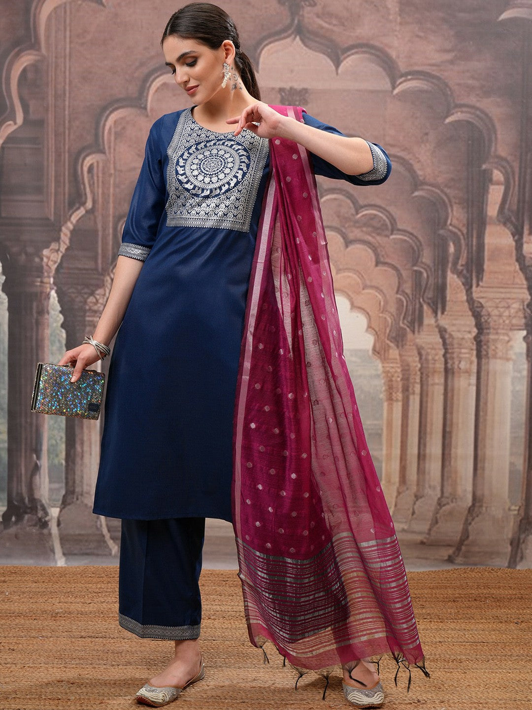 Teal Ethnic Motifs Kurta Set for Women – Straight Kurta with Palazzo & Dupatta | Indiaista