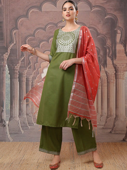 Green Ethnic Motifs Printed Kurta Set for Women – Straight Kurta with Palazzo & Dupatta | Indiaista