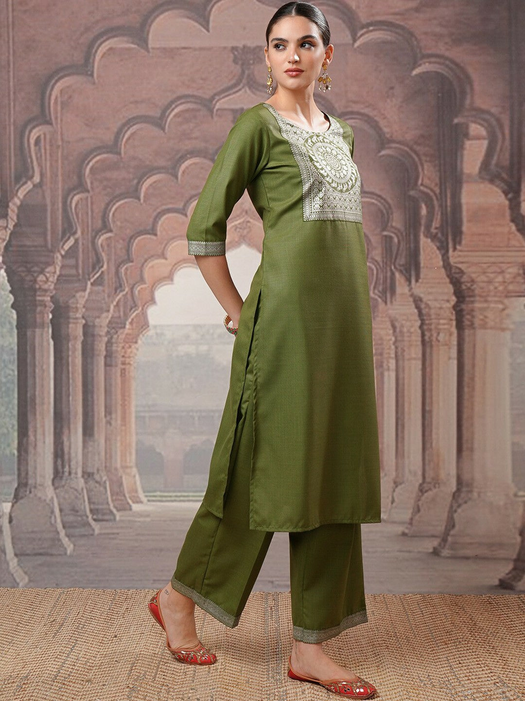 Green Ethnic Motifs Printed Kurta Set for Women – Straight Kurta with Palazzo & Dupatta | Indiaista