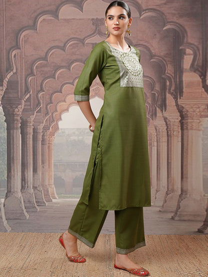 Green Ethnic Motifs Printed Kurta Set for Women – Straight Kurta with Palazzo & Dupatta | Indiaista