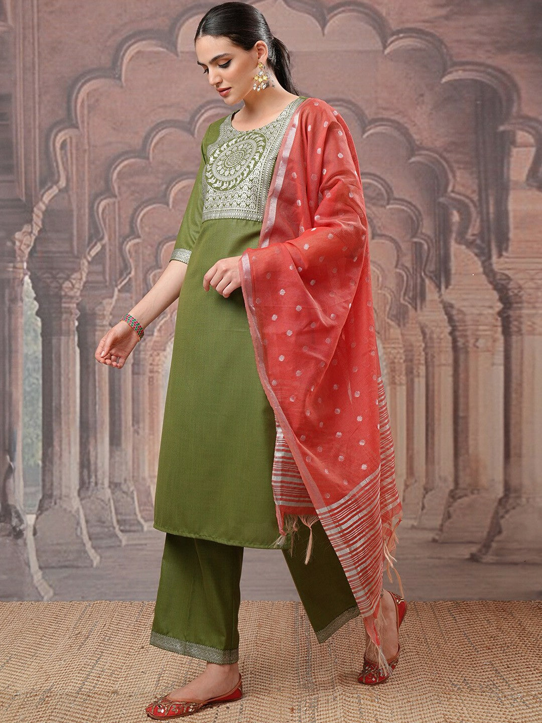 Green Ethnic Motifs Printed Kurta Set for Women – Straight Kurta with Palazzo & Dupatta | Indiaista