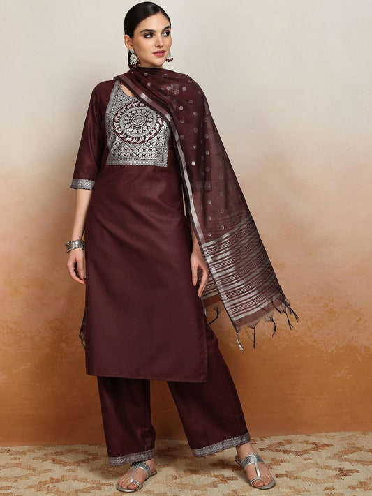 Burgundy Ethnic Embroidered Kurta Set for Women – Straight Kurta, Printed Palazzos & Dupatta | Indiaista