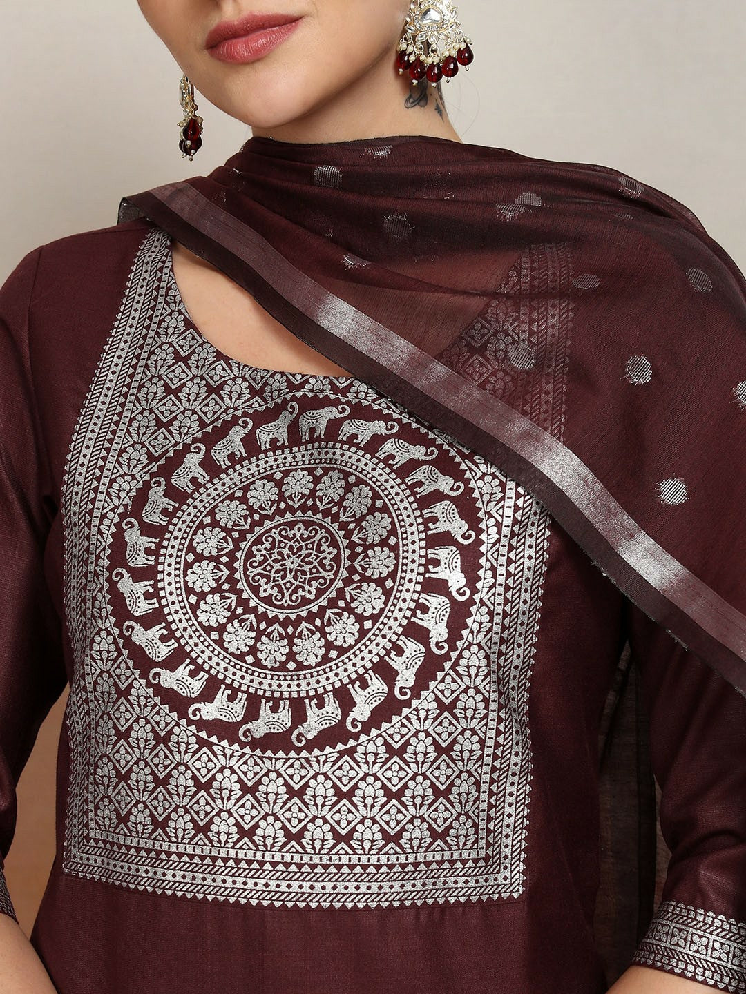 Burgundy Ethnic Embroidered Kurta Set for Women – Straight Kurta, Printed Palazzos & Dupatta | Indiaista