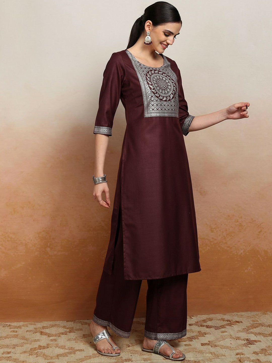 Burgundy Ethnic Embroidered Kurta Set for Women – Straight Kurta, Printed Palazzos & Dupatta | Indiaista