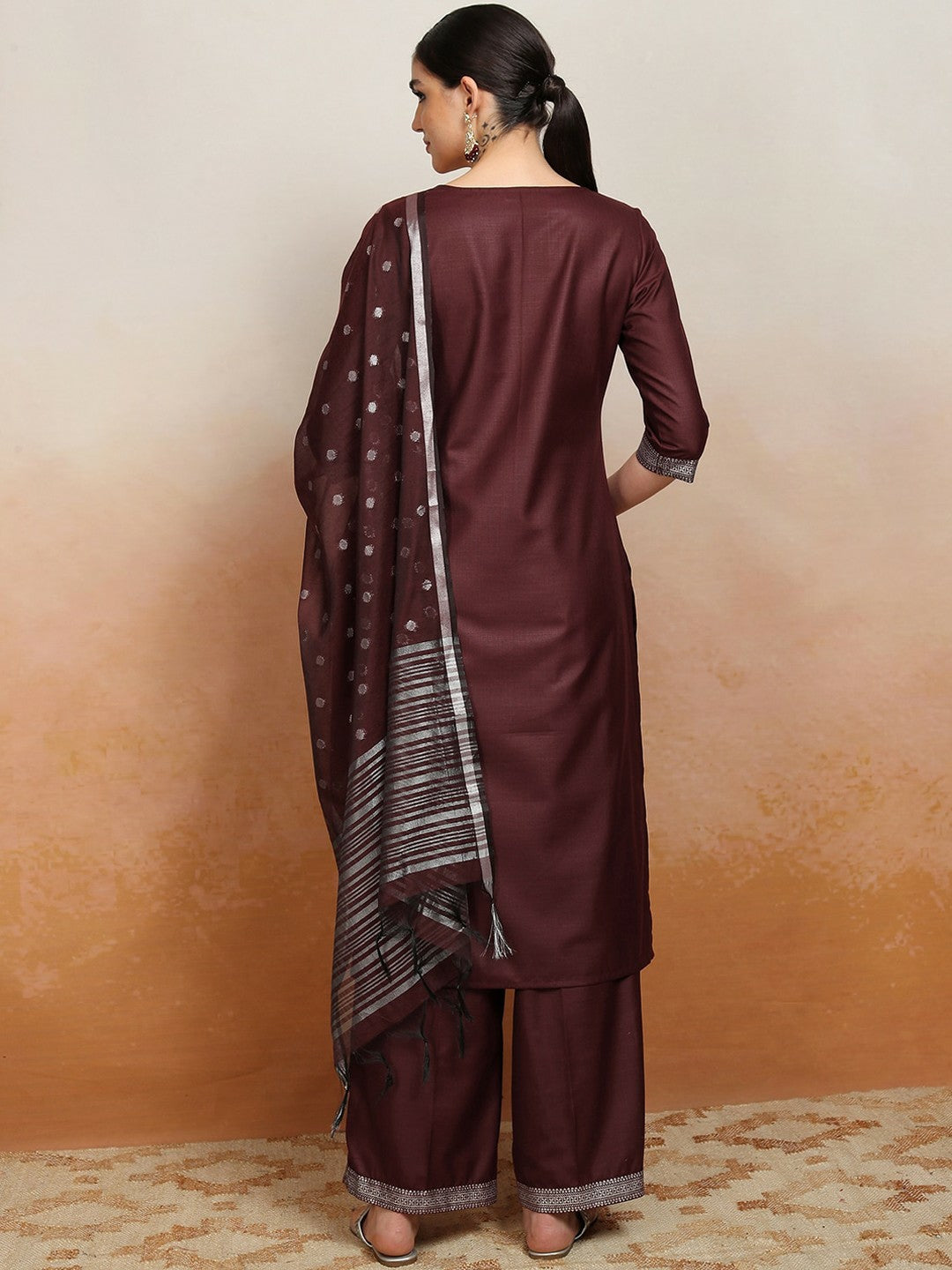 Burgundy Ethnic Embroidered Kurta Set for Women – Straight Kurta, Printed Palazzos & Dupatta | Indiaista