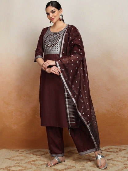 Burgundy Ethnic Embroidered Kurta Set for Women – Straight Kurta, Printed Palazzos & Dupatta | Indiaista