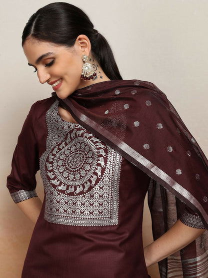 Burgundy Ethnic Embroidered Kurta Set for Women – Straight Kurta, Printed Palazzos & Dupatta | Indiaista