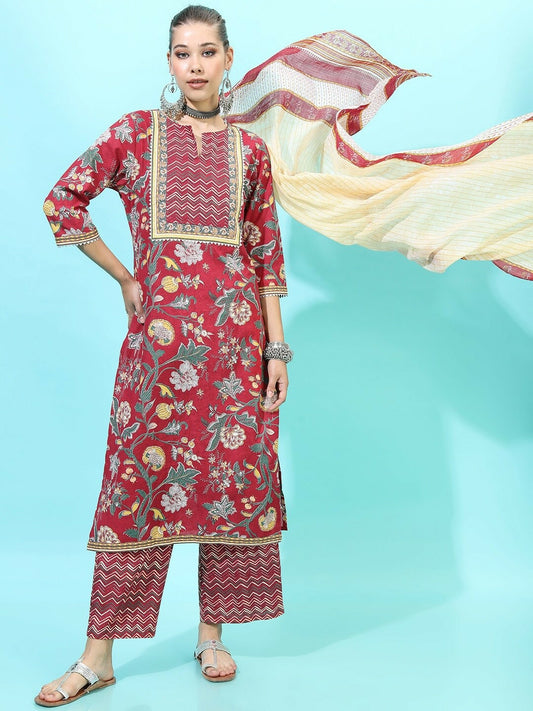 Women’s Deep Red Pure Cotton Kurta Set with Printed Palazzo & Dupatta – Elegant Ethnic Wear | Indiaista