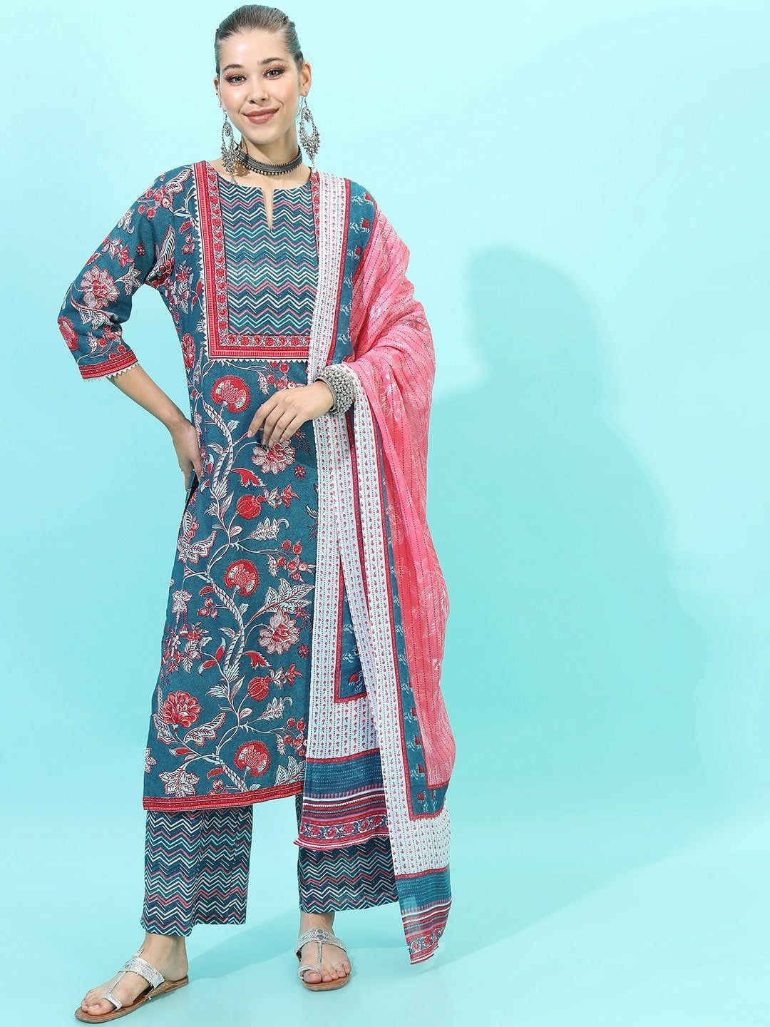 Women’s Pure Cotton Kurta Set with Palazzo & Dupatta – Blue, Stylish Ethnic Wear | Indiaista