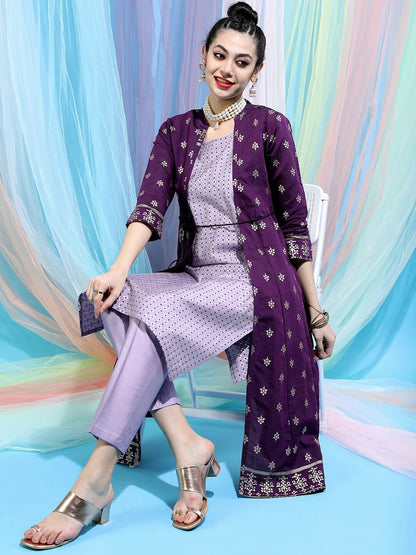 Women’s Ethnic Motif Printed Kurta Set with Trousers & Jacket – Elegant Festive Wear | Indiaista