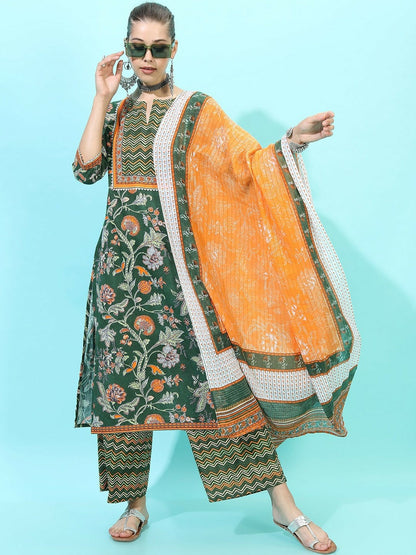 Women’s Green Geometric Cotton Kurta Set – Sleeveless V-Neck Kurti with Printed Trousers & Dupatta | Indiaista