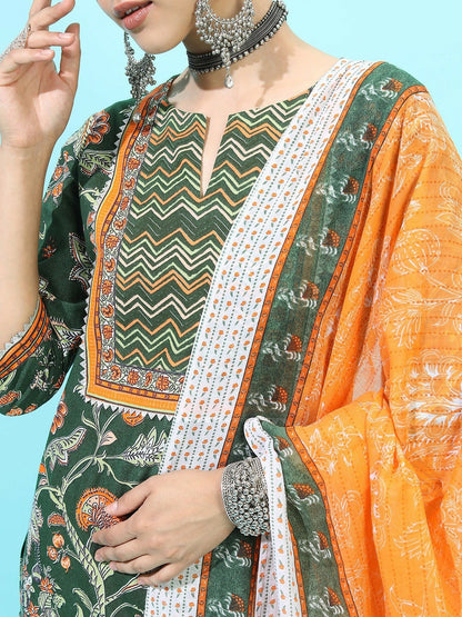 Women’s Green Geometric Cotton Kurta Set – Sleeveless V-Neck Kurti with Printed Trousers & Dupatta | Indiaista