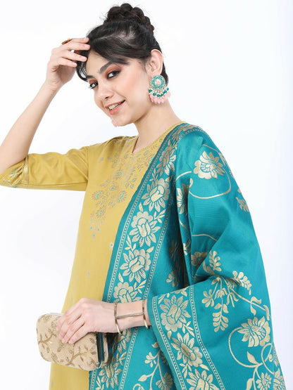 Women’s Yellow Embroidered Kurta Set with Palazzos & Dupatta – Ethnic Motif Design | Indiaista