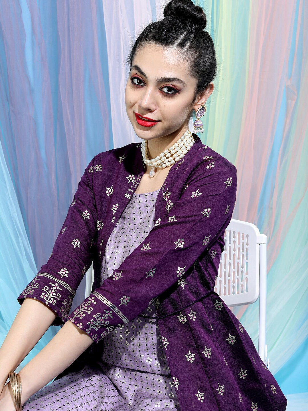 Women’s Ethnic Motif Printed Kurta Set with Trousers & Jacket – Elegant Festive Wear | Indiaista