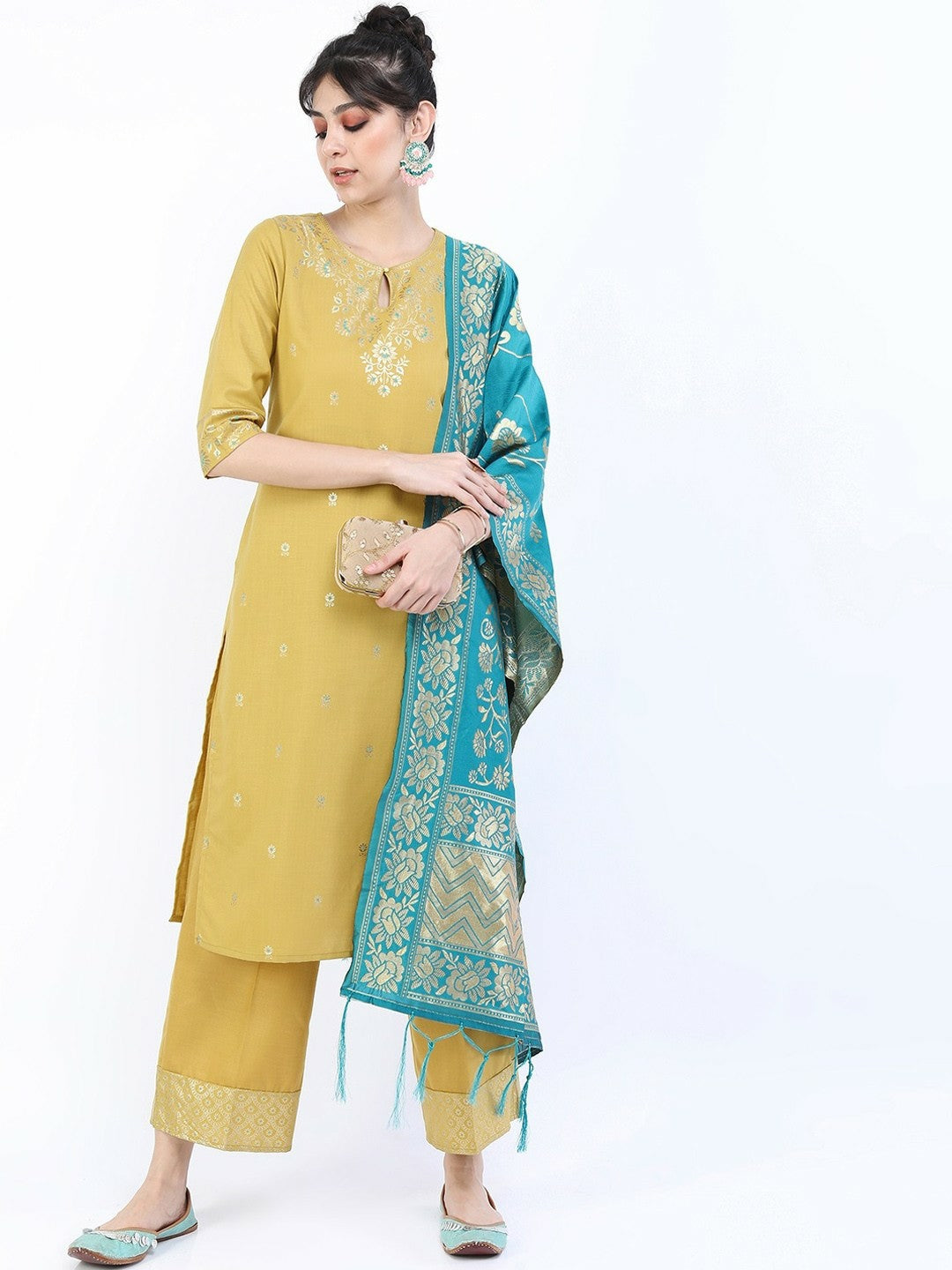 Women’s Yellow Embroidered Kurta Set with Palazzos & Dupatta – Ethnic Motif Design | Indiaista