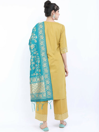 Women’s Yellow Embroidered Kurta Set with Palazzos & Dupatta – Ethnic Motif Design | Indiaista