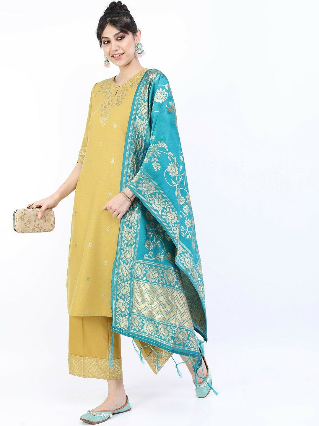 Women’s Yellow Embroidered Kurta Set with Palazzos & Dupatta – Ethnic Motif Design | Indiaista