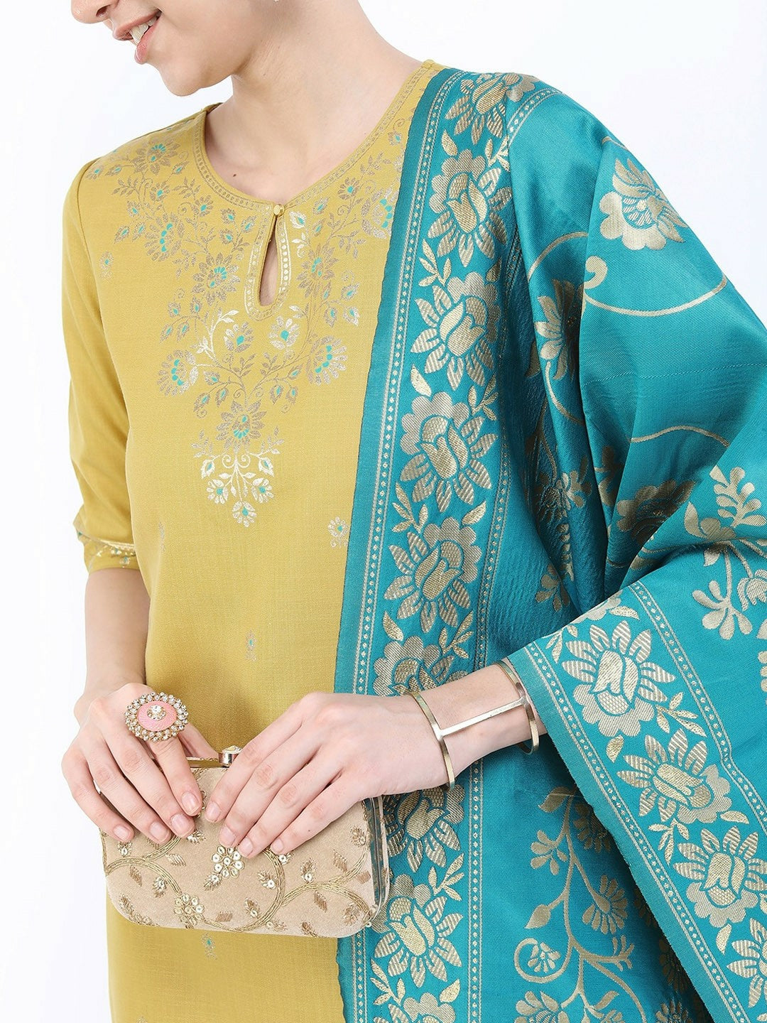 Women’s Yellow Embroidered Kurta Set with Palazzos & Dupatta – Ethnic Motif Design | Indiaista