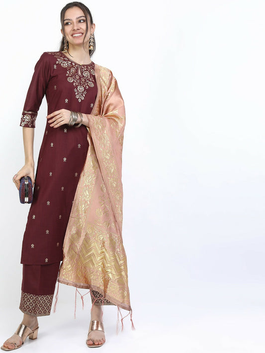 Women’s Burgundy Kurta Set with Trousers & Dupatta – Elegant Self-Design Ethnic Wear | Indiaista