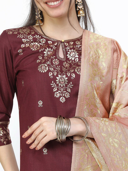 Women’s Burgundy Kurta Set with Trousers & Dupatta – Elegant Self-Design Ethnic Wear | Indiaista