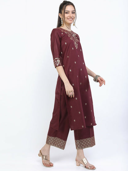 Women’s Burgundy Kurta Set with Trousers & Dupatta – Elegant Self-Design Ethnic Wear | Indiaista