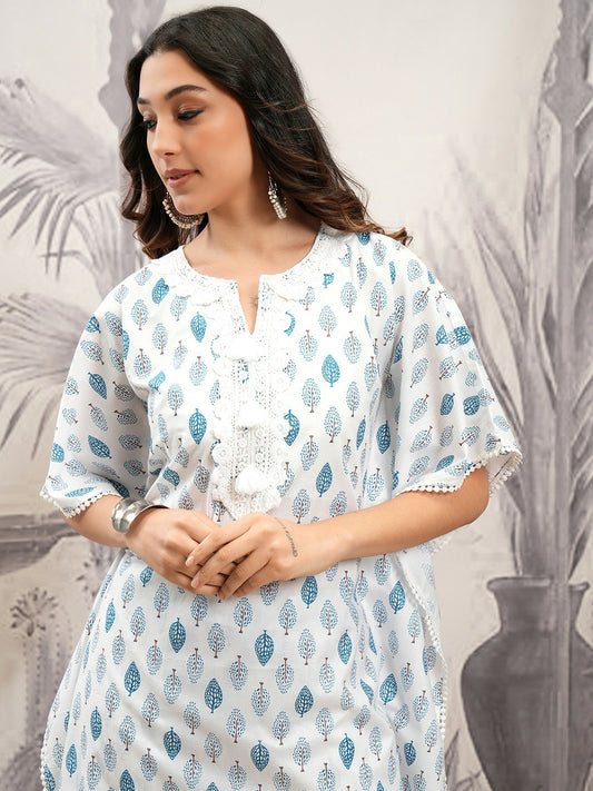 White & Blue Floral Printed Cotton Kurta Set for Women – Straight Fit Kurta with Trousers | Indiaista