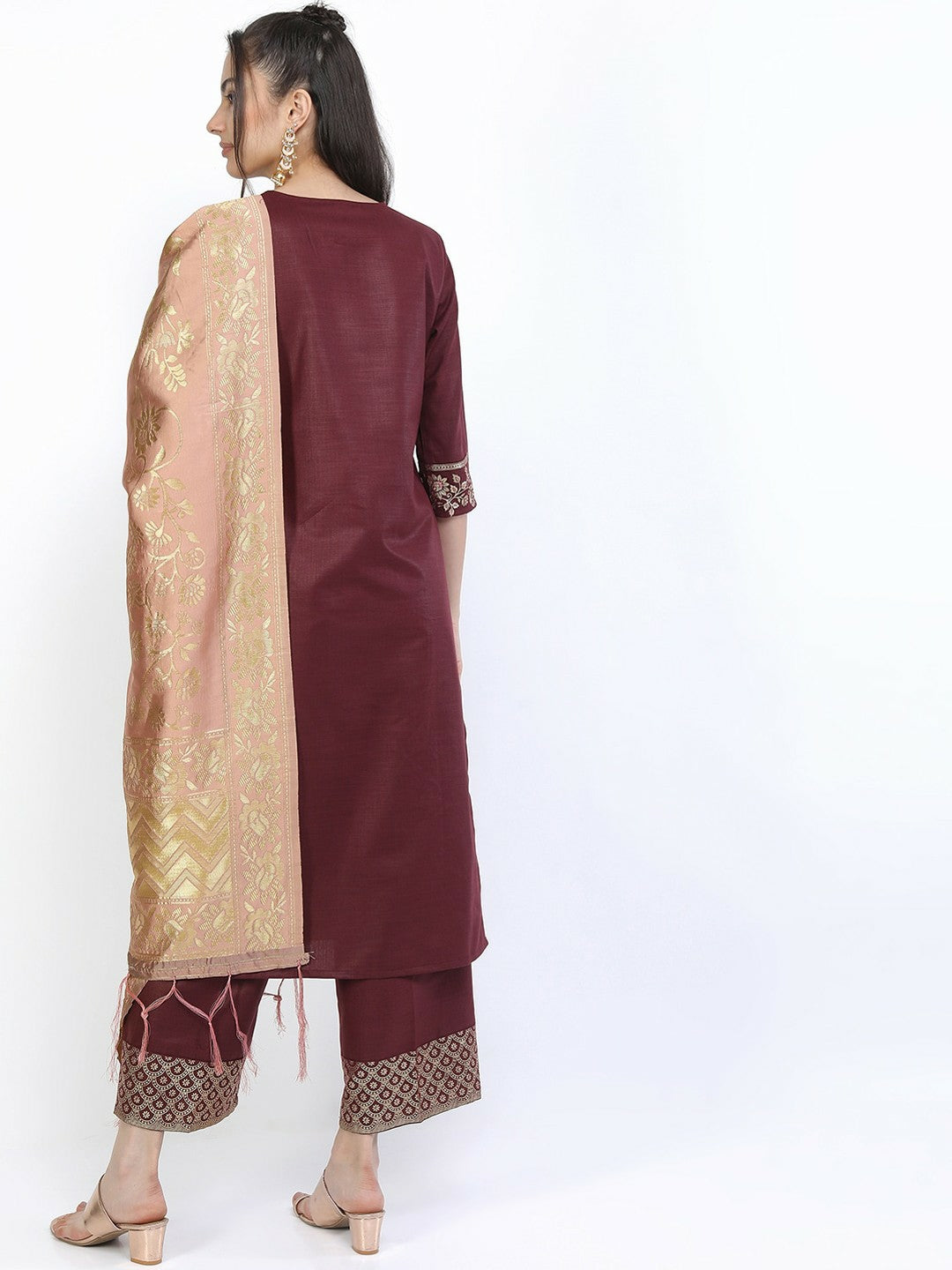 Women’s Burgundy Kurta Set with Trousers & Dupatta – Elegant Self-Design Ethnic Wear | Indiaista