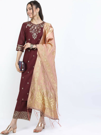 Women’s Burgundy Kurta Set with Trousers & Dupatta – Elegant Self-Design Ethnic Wear | Indiaista