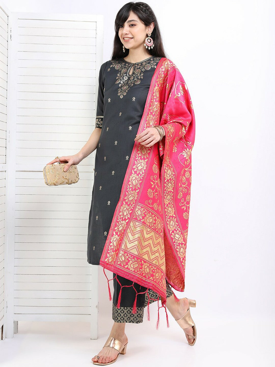 Women’s Floral Printed Kurta Set with Palazzos & Dupatta – Elegant Ethnic Wear | Indiaista