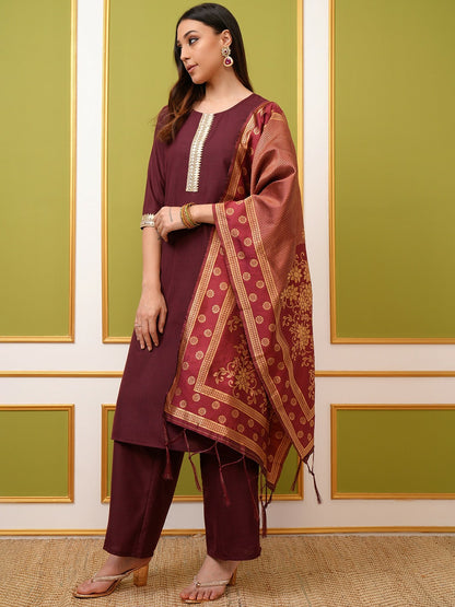 Burgundy Yoke Design Thread Work Kurta Set for Women – Straight Kurta with Palazzos & Dupatta | Indiaista