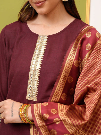 Burgundy Yoke Design Thread Work Kurta Set for Women – Straight Kurta with Palazzos & Dupatta | Indiaista