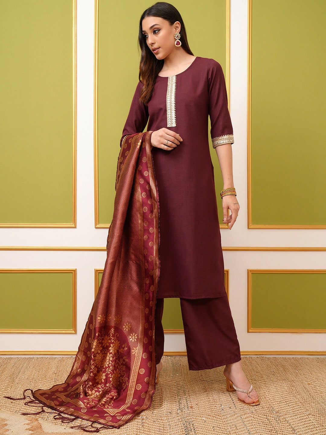 Burgundy Yoke Design Thread Work Kurta Set for Women – Straight Kurta with Palazzos & Dupatta | Indiaista