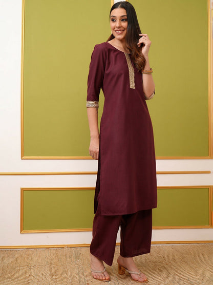 Burgundy Yoke Design Thread Work Kurta Set for Women – Straight Kurta with Palazzos & Dupatta | Indiaista