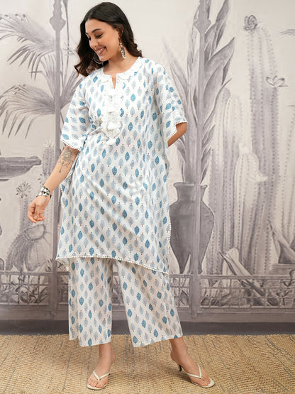 White & Blue Floral Printed Cotton Kurta Set for Women – Straight Fit Kurta with Trousers | Indiaista