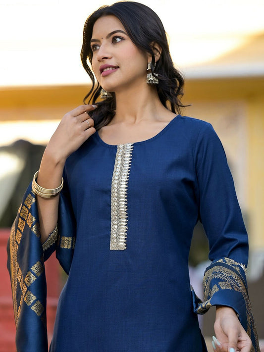 Teal & Gold Toned Women’s Kurta Set with Palazzos & Dupatta – Elegant Ethnic Wear | Indiaista