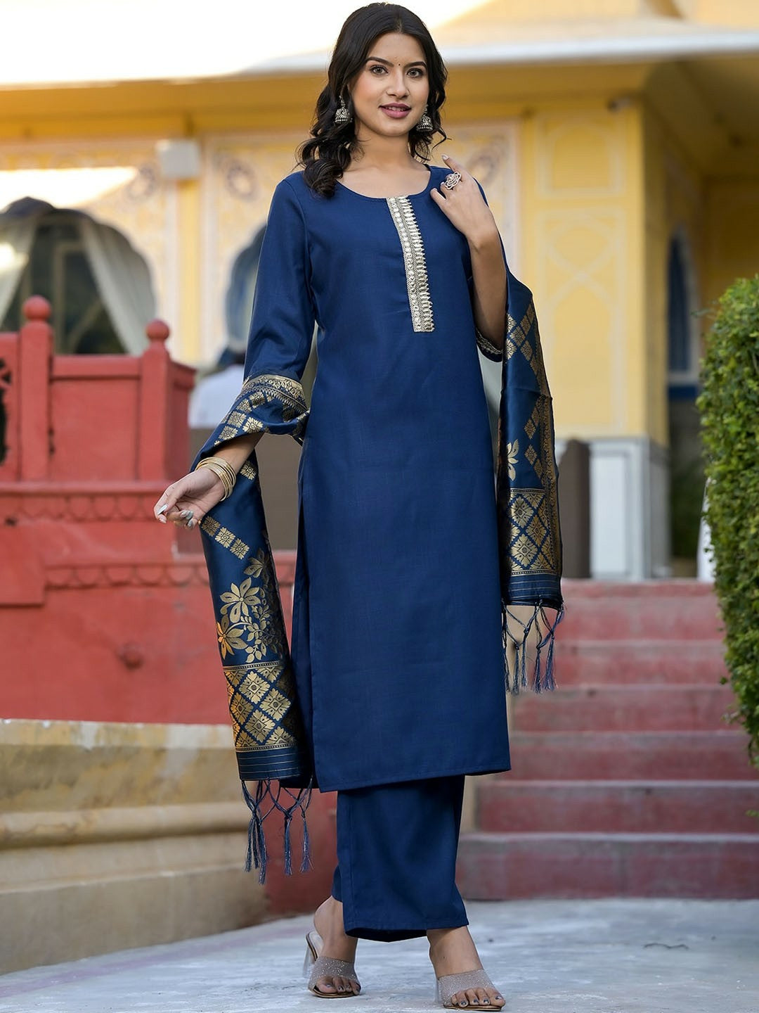 Teal & Gold Toned Women’s Kurta Set with Palazzos & Dupatta – Elegant Ethnic Wear | Indiaista