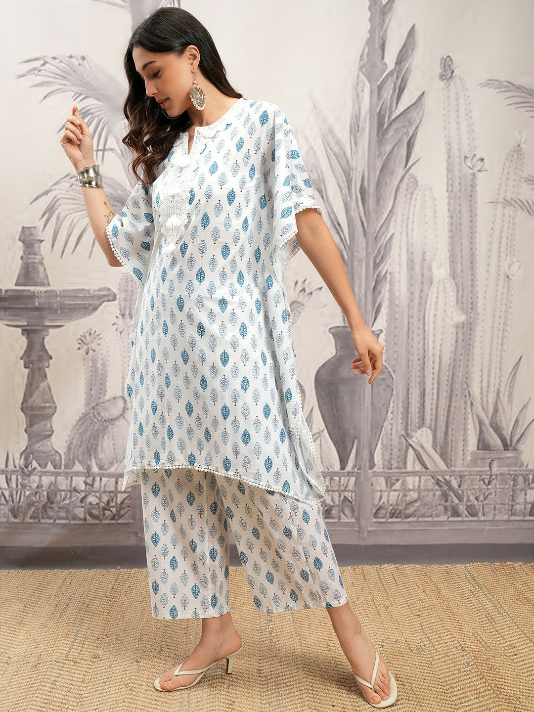 White & Blue Floral Printed Cotton Kurta Set for Women – Straight Fit Kurta with Trousers | Indiaista